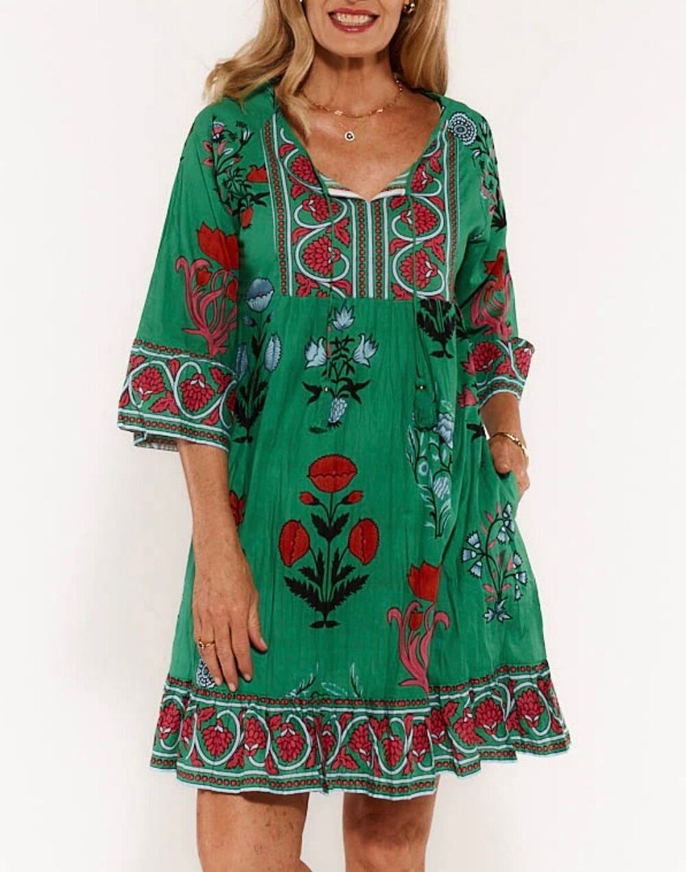 Lulalife Green Floral Boho Tunic Dress Cotton Beach Cover Up XL Lightweight
